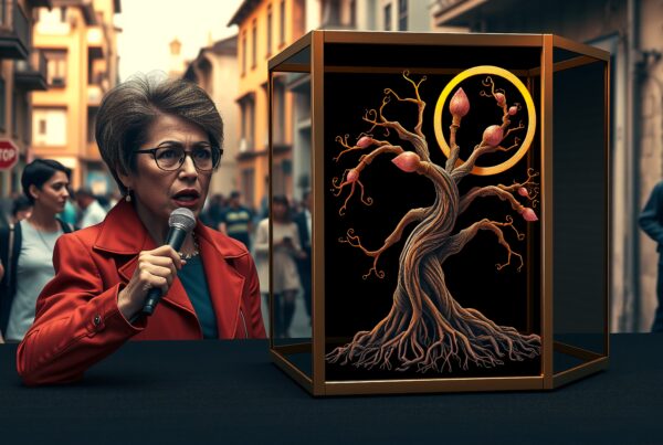 A woman in a vibrant red coat holds a microphone in a city street, standing beside a detailed tree sculpture encased in glass.