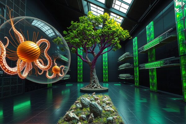 Futuristic room with a tree and high-tech environment blending nature and technology.