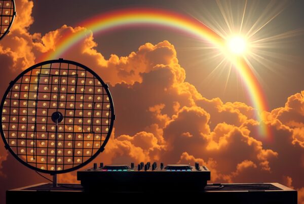 DJ equipment with rainbow and clouds in a vibrant sky scene.