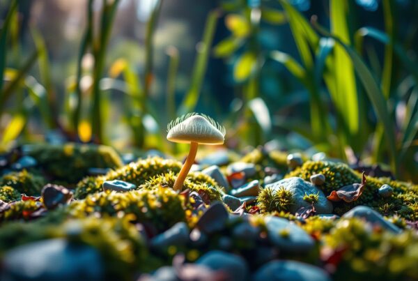 A small mushroom growing amidst moss in a sunlit forest clearing.