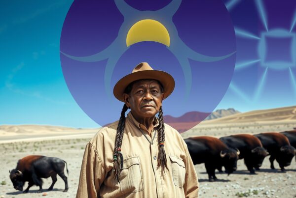 A man with a hat stands in a desert landscape with buffalo, featuring an abstract geometric design in the sky.