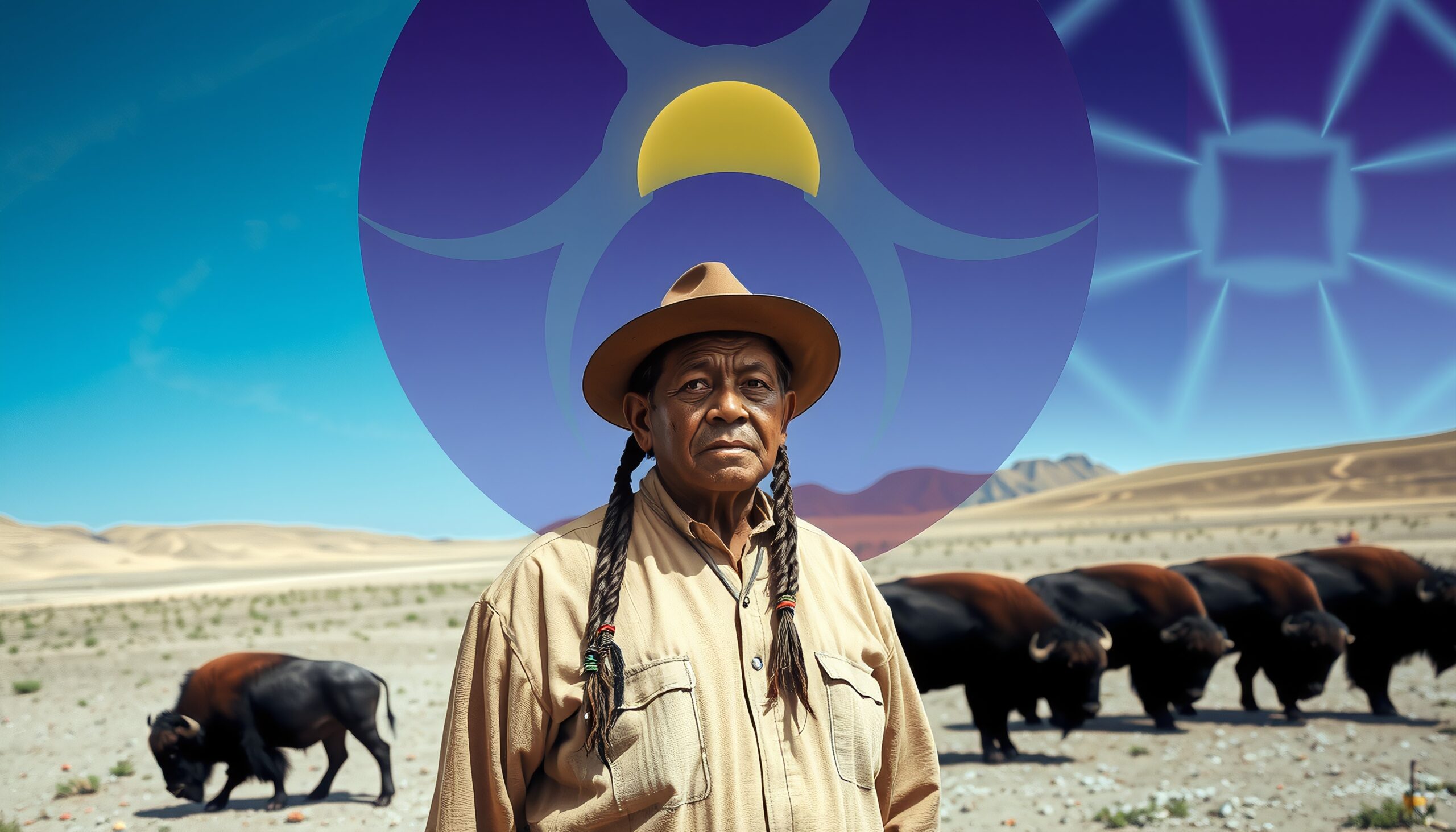 Buffalo and Man in Desert