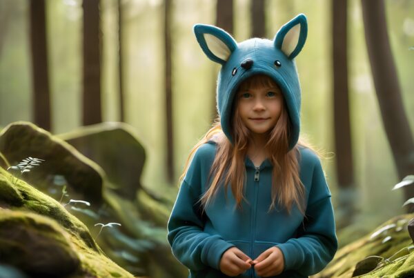 A young girl with a blue hoodie featuring animal ears stands in a sunlit forest, surrounded by moss-covered rocks and lush greenery.