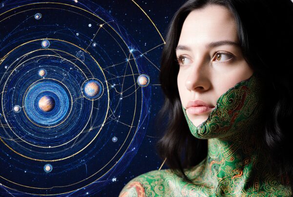 A woman with cosmic-themed body art poses next to a starry background with planets and celestial designs.