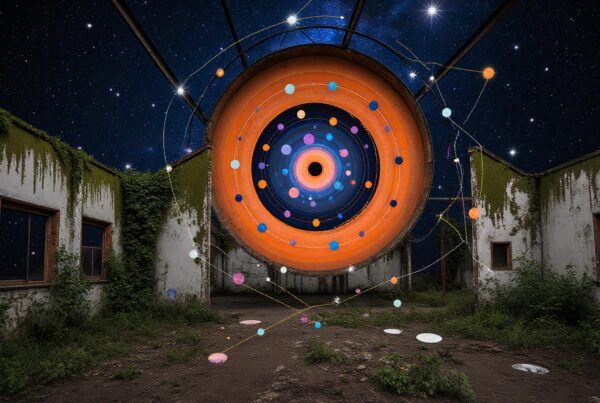 Vibrant cosmic installation inside abandoned building with starry night sky backdrop.