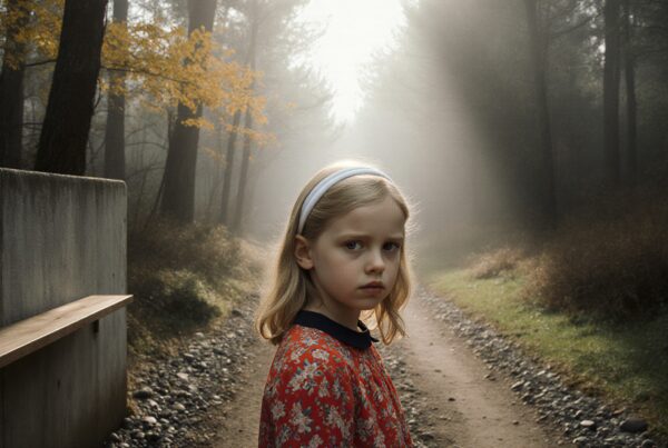 A young girl in a red dress stands on a misty forest path surrounded by autumn foliage.
