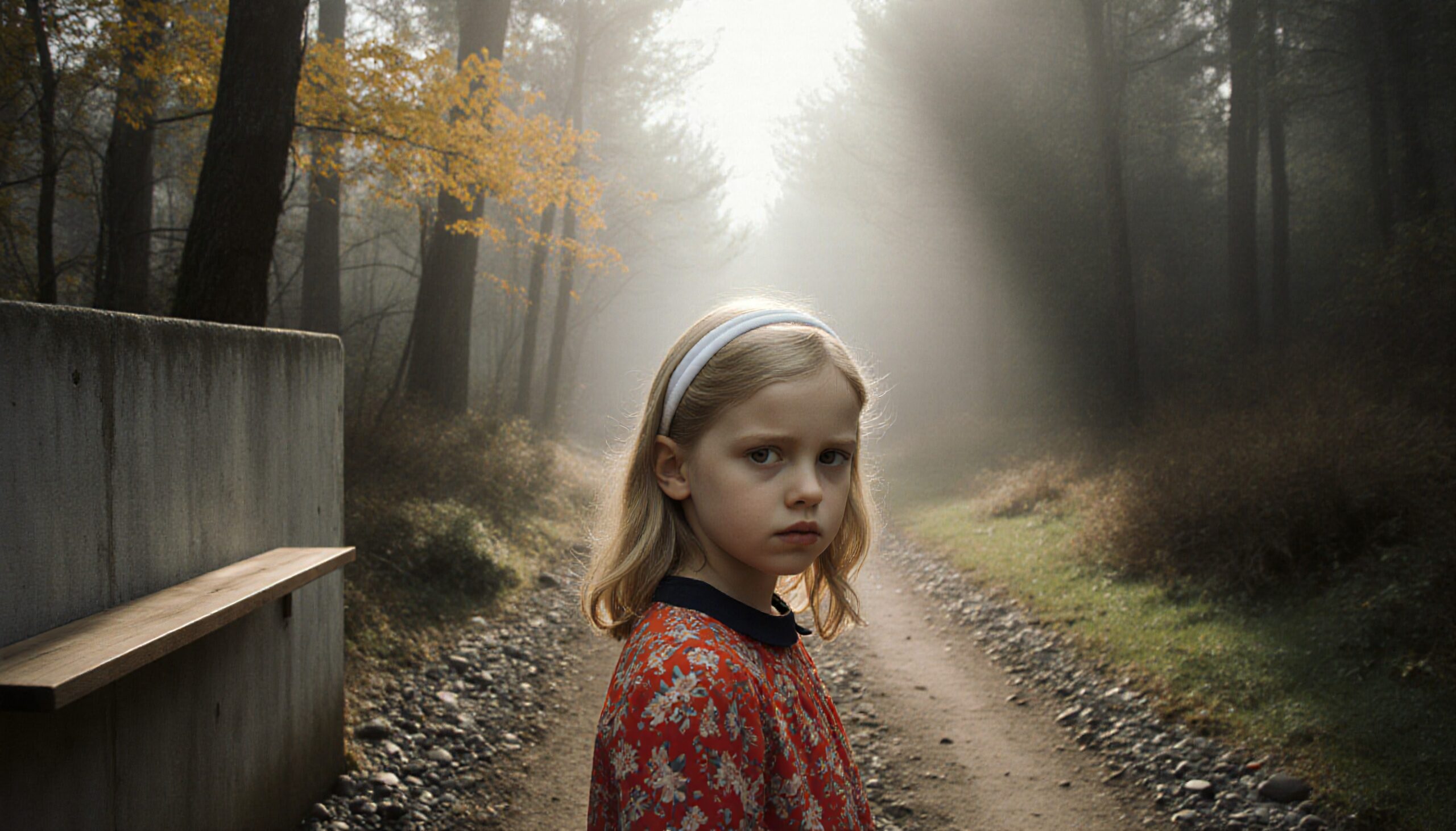 Girl in Misty Forest Path