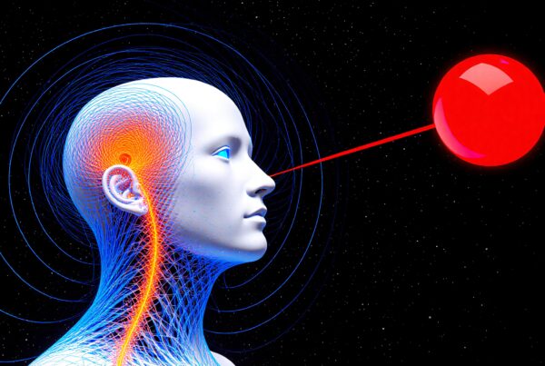 A futuristic profile with neural connections and laser-aimed orb against a starry backdrop.