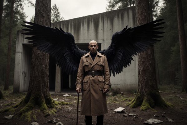 A man with dark angel wings stands in a forest with a mysterious concrete structure.