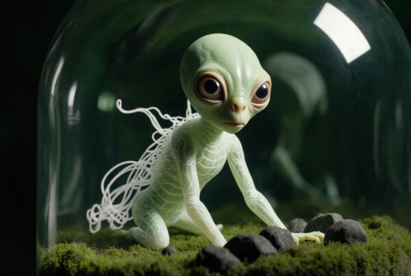 Alien-like creature enclosed in glass, atop mossy terrain.