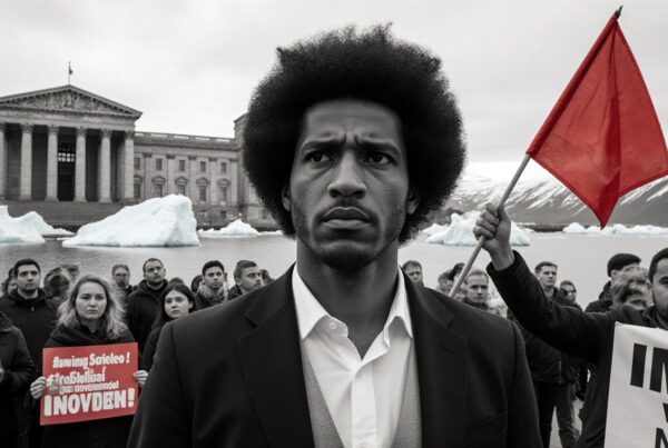 A diverse group of protesters standing in front of a neoclassical building with icy waters in the background.