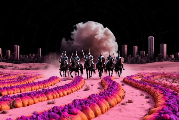 Futuristic knights on horseback charge through an alien landscape contrasted by towering city skyscrapers and swirling dust.