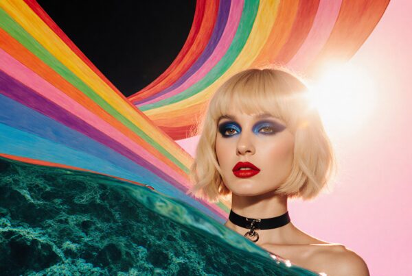 A fashionable woman with bold makeup stands against a vibrant rainbow background, showcasing dynamic artistic elements.