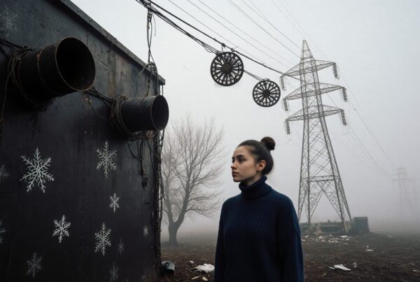 Young woman standing by industrial wall in fog.