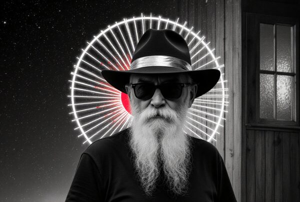 A bearded man with a hat and sunglasses stands in front of an illuminated Ferris wheel against a starry sky.