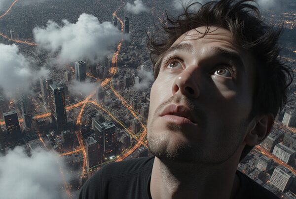 A young man gazes up in wonder against a glowing cityscape backdrop with clouds below.