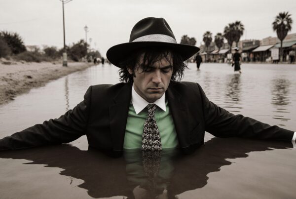 A man in a suit sits thoughtfully in water with a street scene behind.