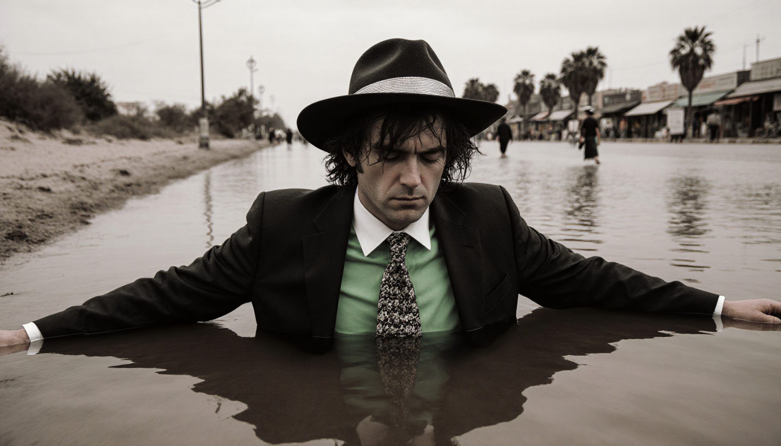 Man Contemplates Life in Puddle