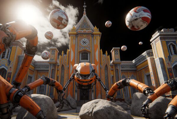 A futuristic robot in front of an ornate, colorful building with hovering spheres.