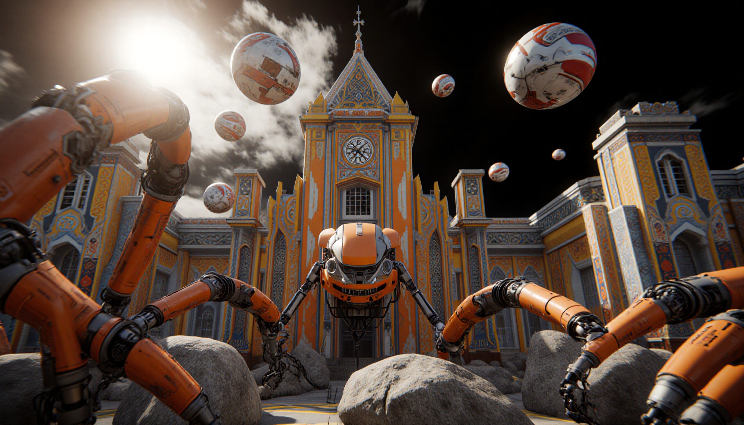 Futuristic Robotics Beside Ornate Architecture