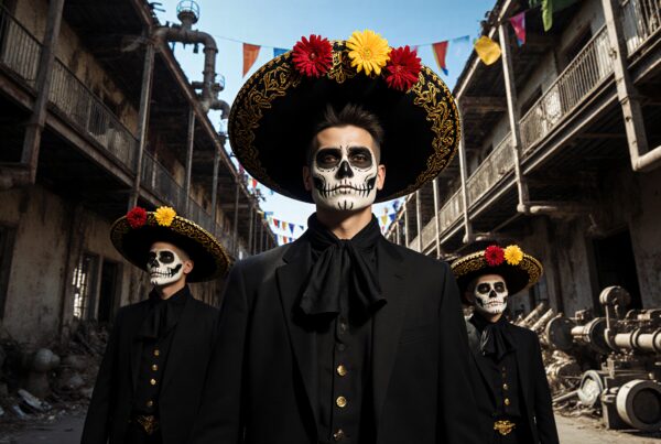 Intricately painted skull faces with sombreros.