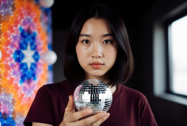 A young woman holding a disco ball against a vibrant mosaic background.