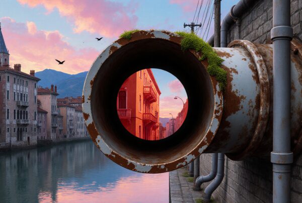 Rusted pipe frames vibrant cityscape with colorful sky.