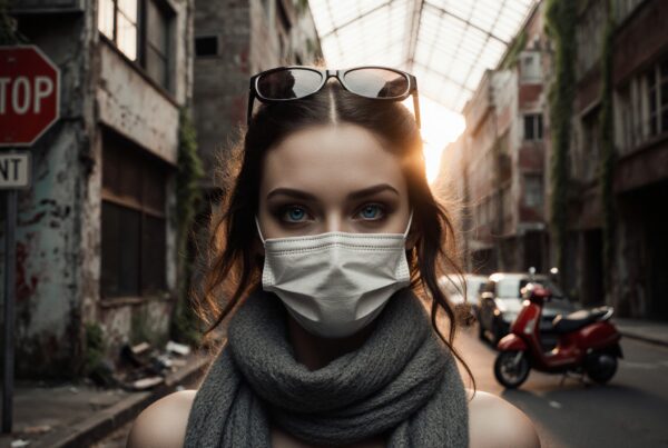 A woman in a mask stands in an ivy-clad urban alley at sunset.