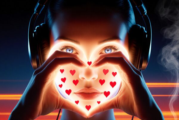 A woman wearing headphones forms a heart shape with her hands, surrounded by glowing red hearts.
