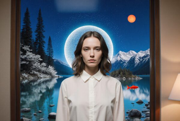 Surreal image of woman against cosmic landscape featuring stars, mountains, and a floating goldfish.