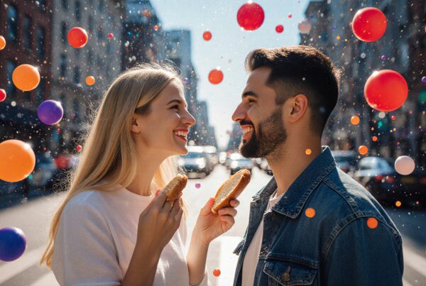A couple smiles with sandwiches amid colorful spheres on a city street.