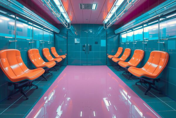 Futuristic interior with orange chairs and blue tiles.