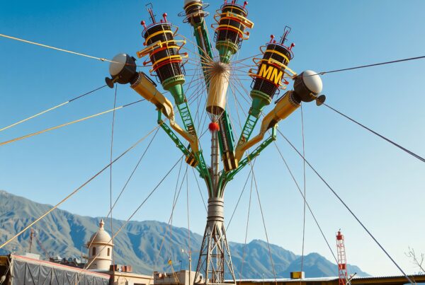 Futuristic amusement ride with vehicles parked, mountains backdrop.