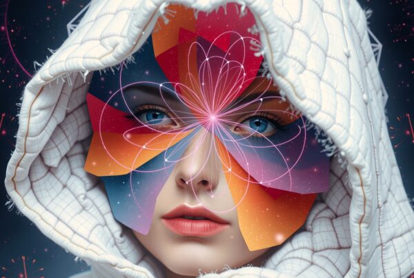 A person in a hood with vibrant geometric shapes and bright blue eyes.