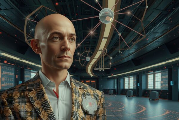 A man in a high-tech control room with futuristic elements and digital displays, exuding authority and sophistication.