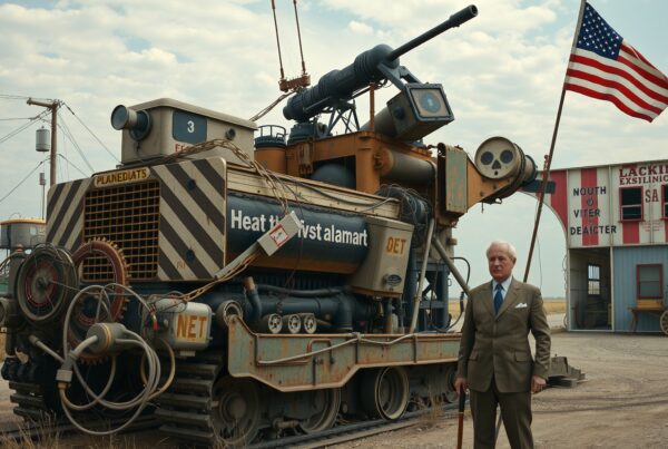 A large industrial machine with an American flag and a man in a suit standing beside it in a rural setting.