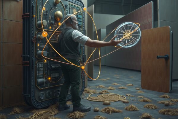 A man stands in a futuristic laboratory, manipulating a glowing, complex machine with scattered ropes enhancing the enigmatic atmosphere.