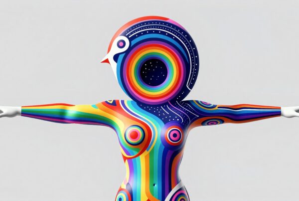 A colorful, psychedelic figure with rainbow patterns and cosmic elements.