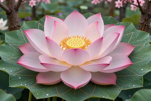 A blooming pink lotus flower with dew.
