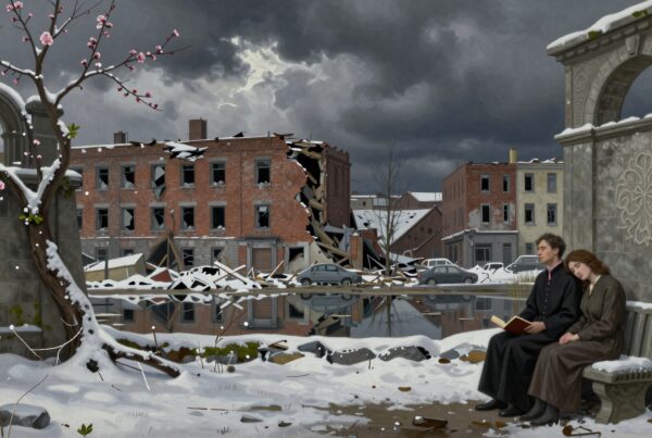 A man in robes reads a book beside a woman on a bench amidst snowy ruins and blooming branches.