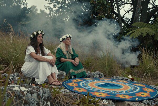 Two women sit amidst greenery wearing flower crowns, surrounded by smoke, on rocks with a vibrant mat in the foreground.