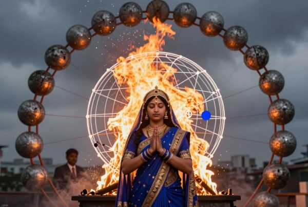 A woman meditates in traditional dress against a backdrop of flames and metallic spheres, symbolizing spirituality and mysticism.