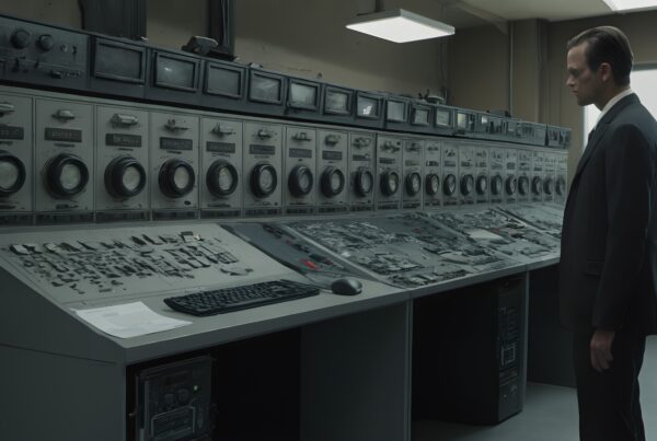 Man in suit at vintage control console.