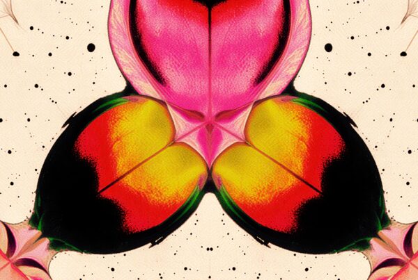 A colorful abstract design with a symmetrical motif resembling a butterfly.