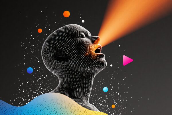 Stylized head with vibrant expression and futuristic design elements.