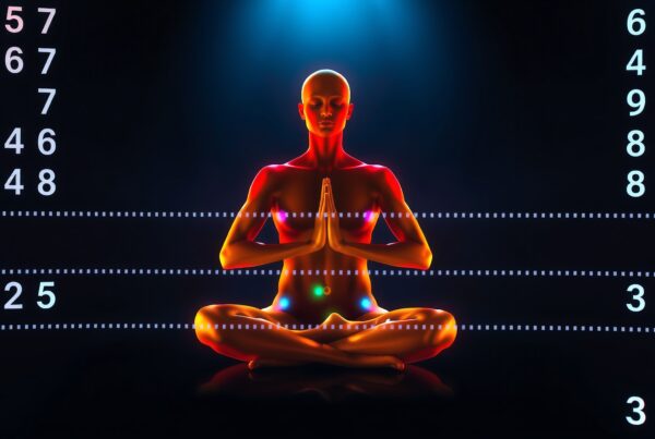 A meditating figure with glowing chakras amidst digital numbers on a dark background.