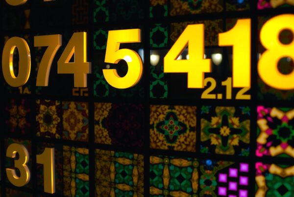 Bright yellow numbers on patterned background featuring intricate geometric designs and vibrant colors.
