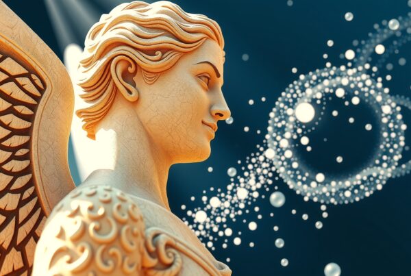 Elegant celestial statue with ornate patterns and light sparkles in a serene setting.