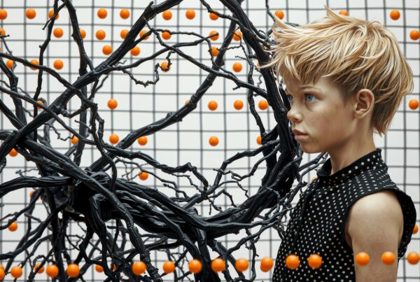 A young person stands beside tangled branches with orange spheres and a grid background.