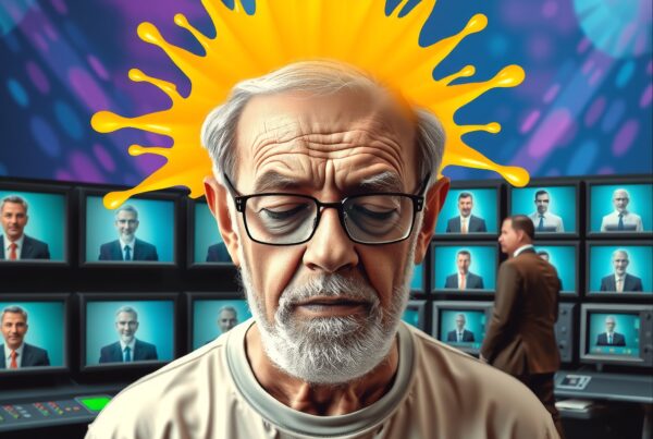 Elderly man in media control room with creative splash effect.